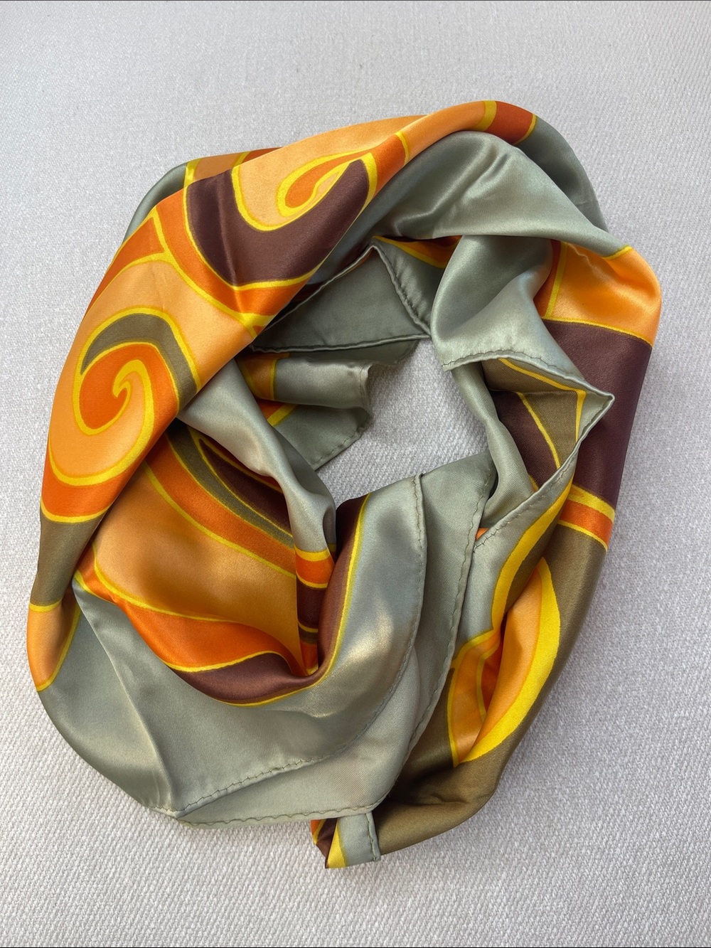 VINTAGE SCARF | JAPAN | ABSTRACT | OLIVE & ORANGE 28x28